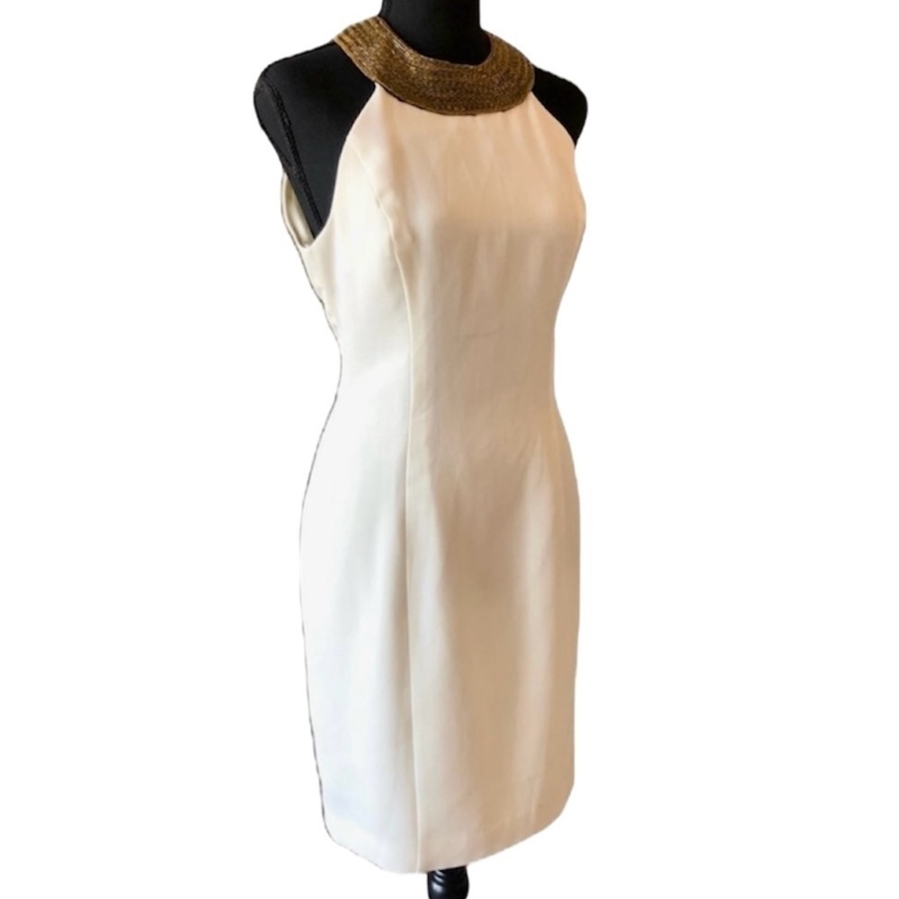 Vintage Alex Evenings Cream Knee Length Sleeveless Dress Gold Beaded Collar